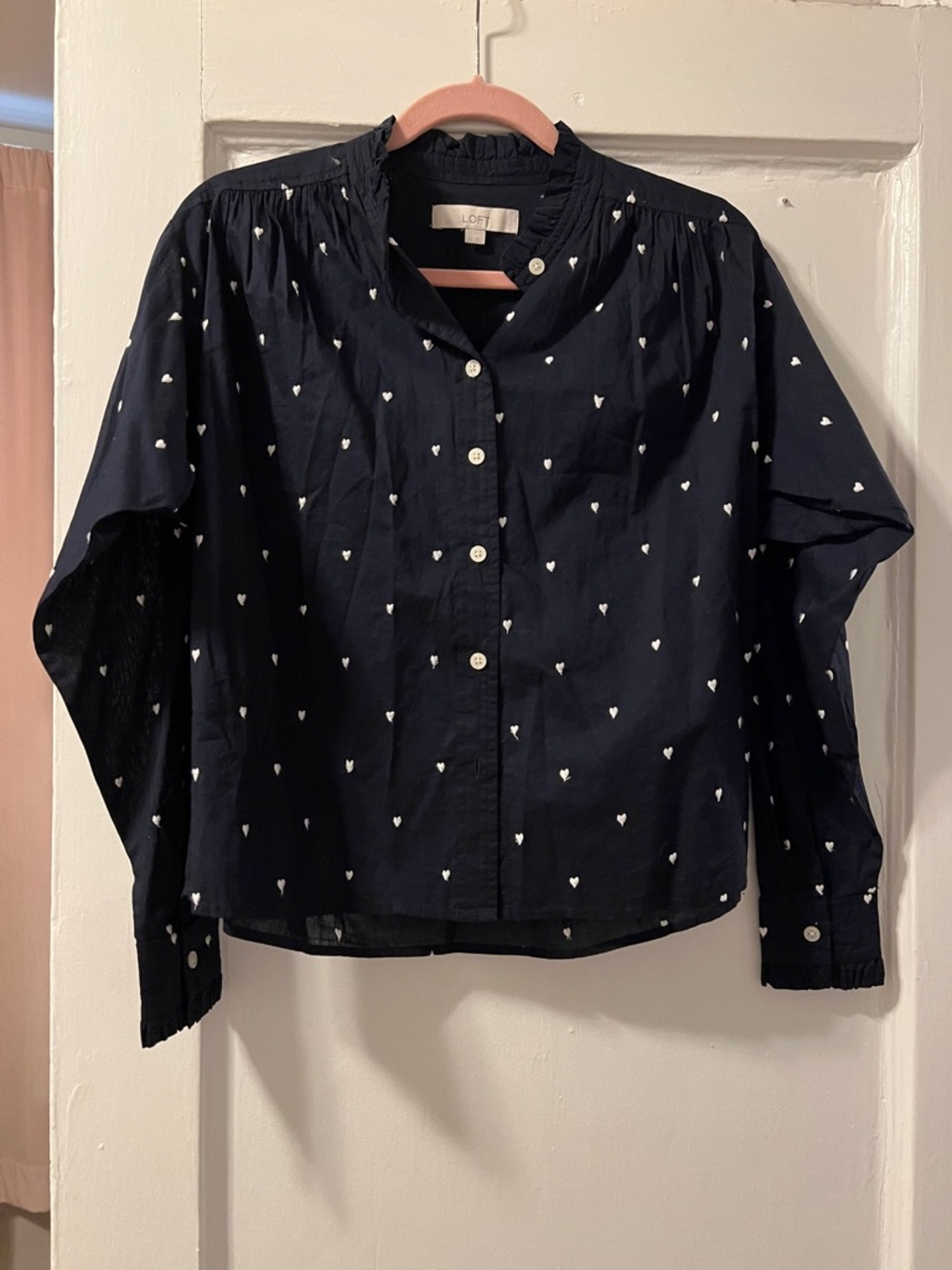 LOFT Navy Button-Front Blouse with White Heart Print